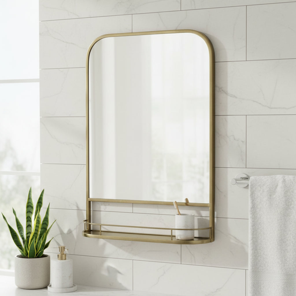 Lucas Wall mirror w/mini shelf Brass Tone